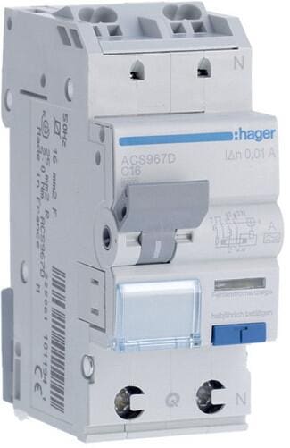 Hager ACS967D Fehlerstrom-Leitungsschutzschalter 1P+N 127V 6kA C-16A 10mA Typ A QuickConnect