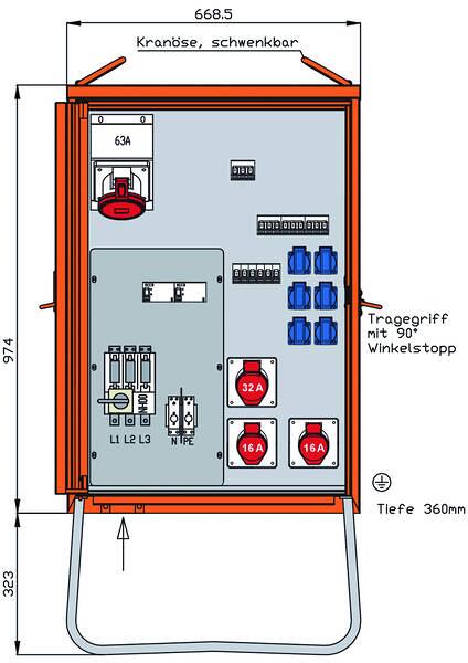 Walther Werke WV0363R1 Verteilerschrank, 55kVA, mit RCD Typ B und RCD Typ A, 10 LS, 4 CEE-Abgänge 16-63A und 6 Schukos