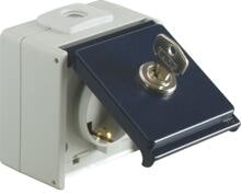 OPUS Aqua Schutzkontakt-Steckdose, 1-fach, mit Schloss-Schließung "1", IP54, Aufputz, Feuchtraum, hellgrau/stahlblau (753.631.06-1)