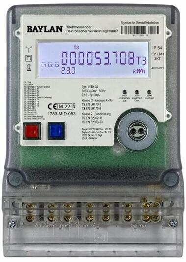 Lauxx Energy BTK.30 Zweirichtungs-Drehstromzähler für Zählermontage 3 Punkt, direktmessend bis 100A, interne Uhr (RTC), grau (32024)