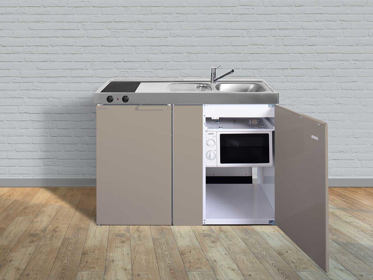 Stengel MKM 120 Miniküche, 120cm breit, mit Elektrokochfeld, Kühlschrank mit Gefrierfach, mit Mikrowelle, Spüle links, sand matt (11120 011021 11)