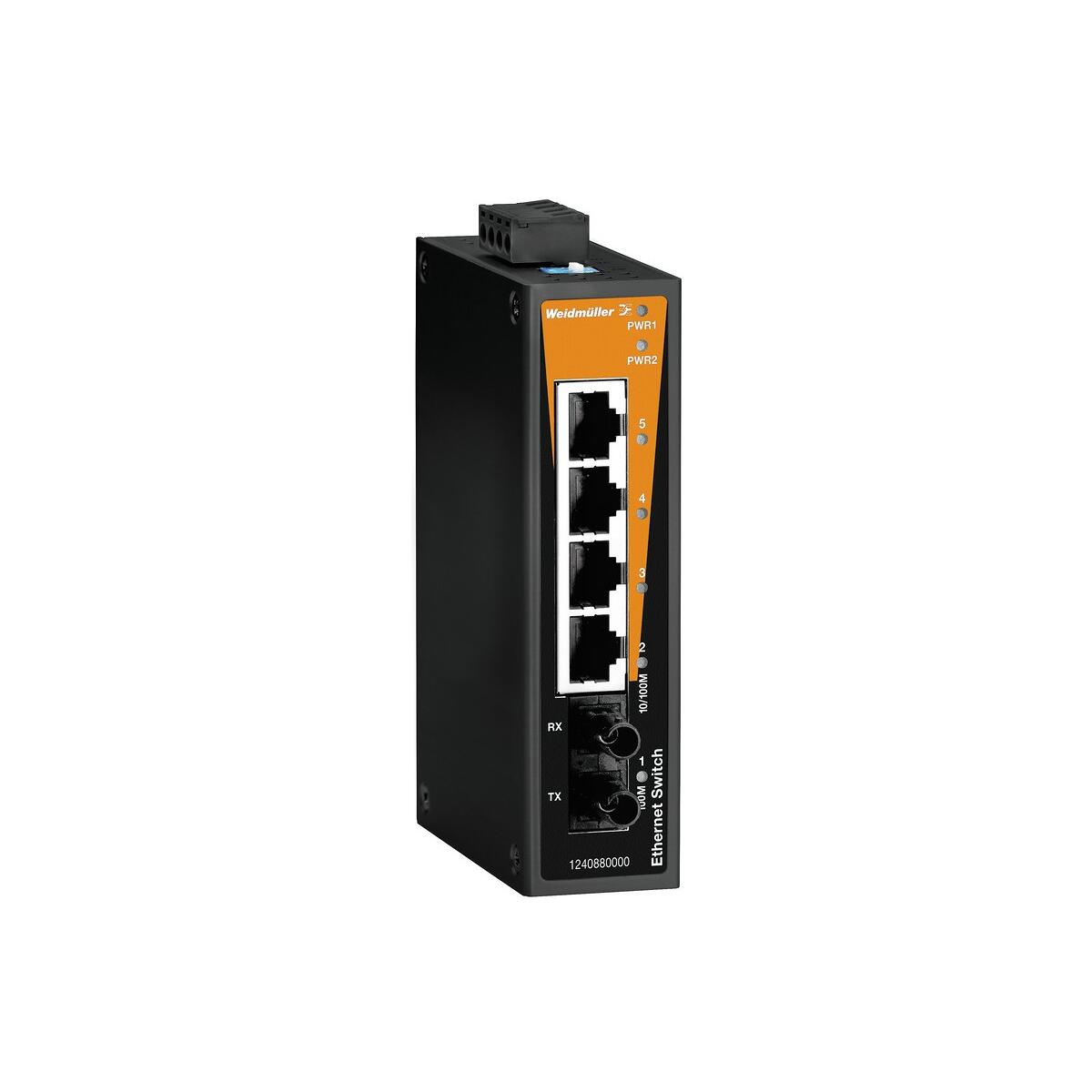 Weidmüller IE-SW-BL05-4TX-1ST Netzwerk-Switch, unmanaged, Fast Ethernet, 4x RJ45, 10/100BaseT(X), 1x ST-Multimode, IP30 (1240880000)