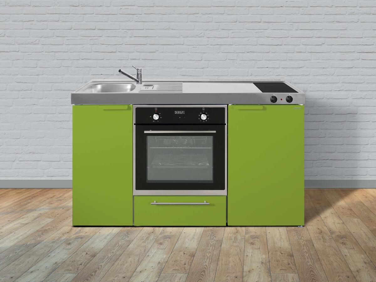 Stengel MKB 150 Miniküche, 150cm breit, Elektrokochfeld, Kühlschrank mit Gefrierfach, mit Backofen, Becken links, apfel grün (11150 006021 13)