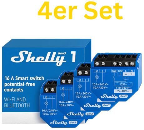 Shelly 1 Gen3 Relais WLAN-gesteuerter Smart-Schalter mit potentialfreien Kontakten, 1 Kanal 16 A, 4 Stück, blau