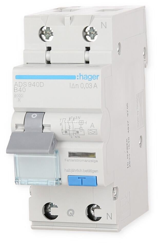 Hager ADS940D Fehlerstrom-Leitungsschutzschalter 1P+N 6kA B-40A 30mA Typ A QuickConnect