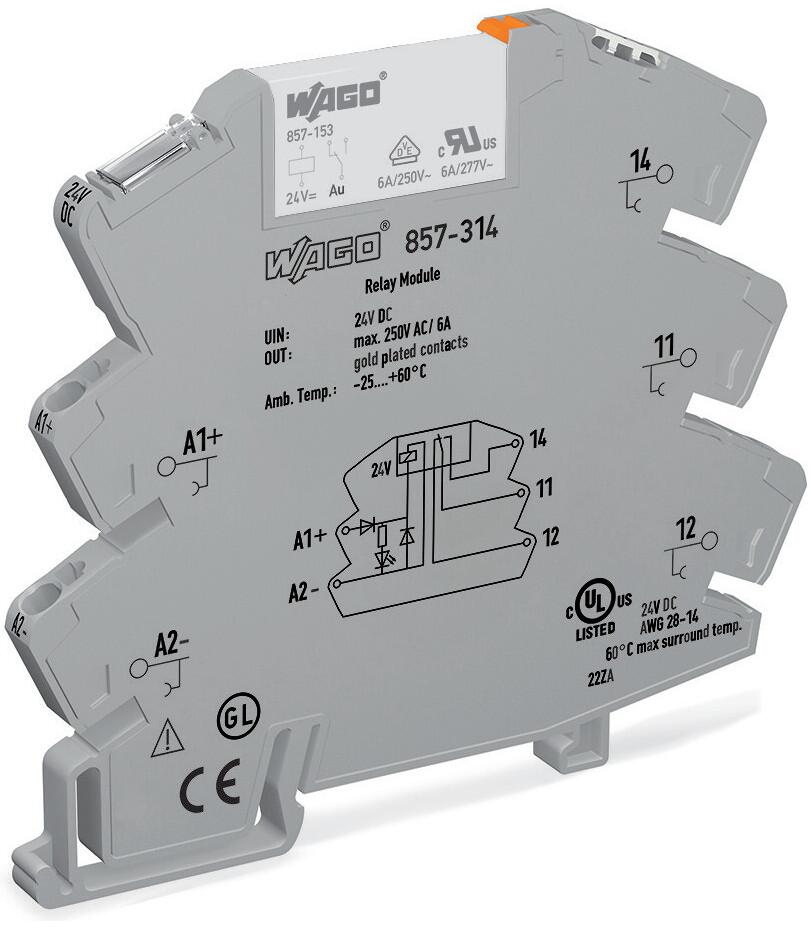 Wago 857-314 Relaismodul, DC 24 V, 1 Wechsler, 6 A, Goldkontakte, Statusanzeige gelb, 6 mm breit, 2,50 mm²; grau