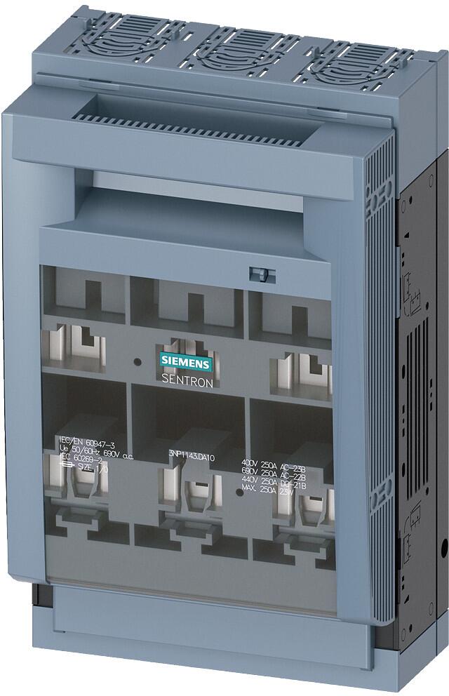 Siemens 3NP1143-1DA10 Sentron Sicherungslasttrennschalter 3NP1, 3-polig, NH1, 250 A, für Aufbau und Einbau auf Montageplatte, Flachanschluss, Abdeckeb