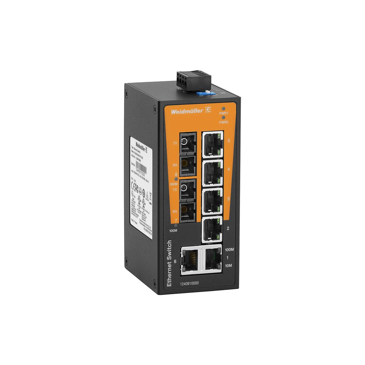 Weidmüller IE-SW-BL08-6TX-2SC Netzwerk-Switch, unmanaged, Fast Ethernet, 6x RJ45, 10/100BaseT(X), 2x SC-Multimode, IP30 (1240910000)