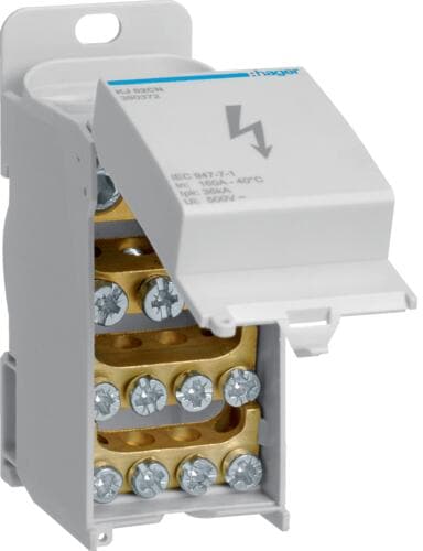 Hager KJ02DN Verteilerblock 125A mit Frontabdeckung, 1-polig, 2x 10-35²/2x 2,5-25²/6x 1,5-16²