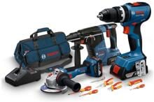 Bosch 18V Profi-Set, Schlagbohrschrauber, Winkelschleifer, Bohrhammer, Schraubendreher, Akkus, blau (0615A5007H)