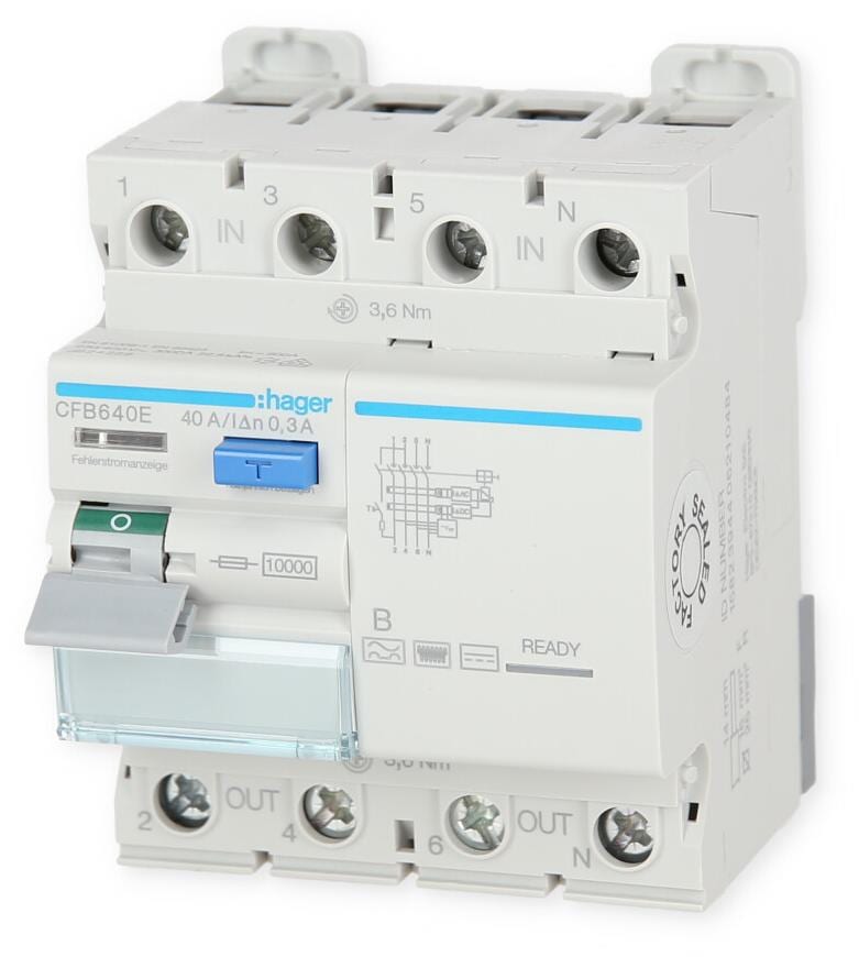 Hager CFB640E Fehlerstromschutzschalter, FI-Schalter, 4-polig, 10kA, 40A, 300mA, Typ B