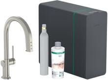 hansgrohe Aqittura M91 SodaSystem 210, Ausziehauslauf, 1 Strahlart, Schlauchbox lite, Starter Set, Messing, 240 mm, G ⅜ Anschlussschläuche, mit Rückflussverhinderer, chrom (76839000)