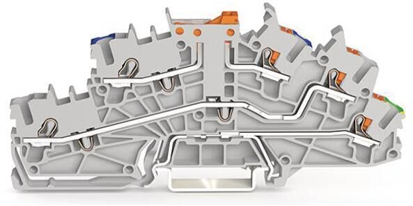 Wago 2203-6541 Installationsetagenklemme mit Betätigungsöffnung und Drücker, 2,5 mm², mit schwenkbarem Trennmesser, NTi/L/PE, Push-in CAGE CLAMP, grau