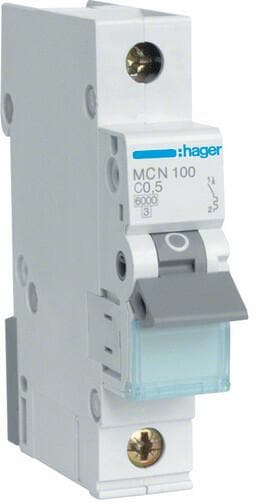 Hager MCN100 Leitungsschutzschalter 1 polig 6kA C-Charakteristik 0.5A 1 Modul