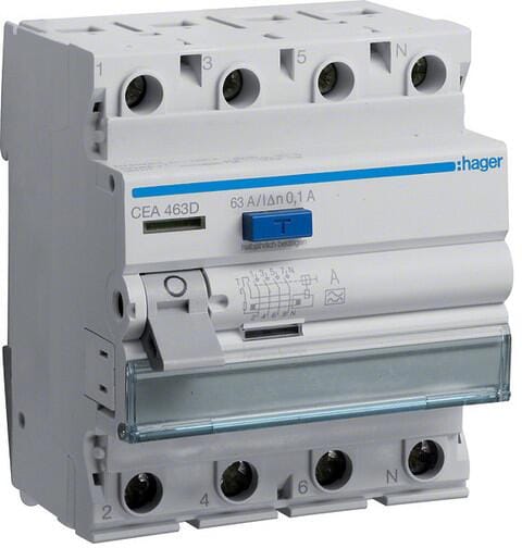 Hager CEA463D Fehlerstromschutzschalter, FI-Schalter 4 polig 6kA 63A 100mA Typ A