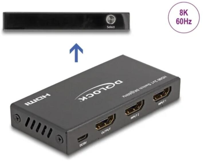 Delock HDMI Switch 2 x HDMI in zu 1 x HDMI out 8K 60 Hz, schwarz (18607)