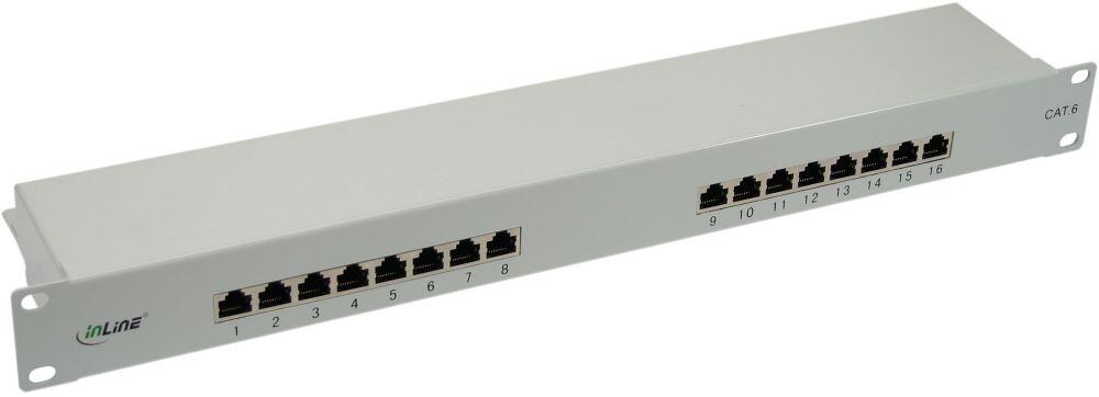 InLine Patchfeld Cat.6, 16-fach, 48,26cm (19"), 1HE, lichtgrau, RAL7035 (76216)