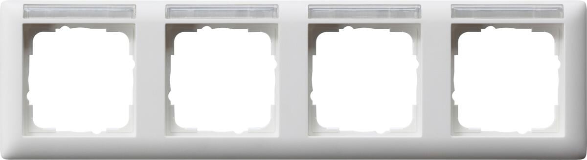 Abdeckrahmen 4fach, bruchsicher, beschriftbar, sprühnebeldicht, waagerecht, Reinweiß Seidenmatt, System 55 Standard, Gira 109427