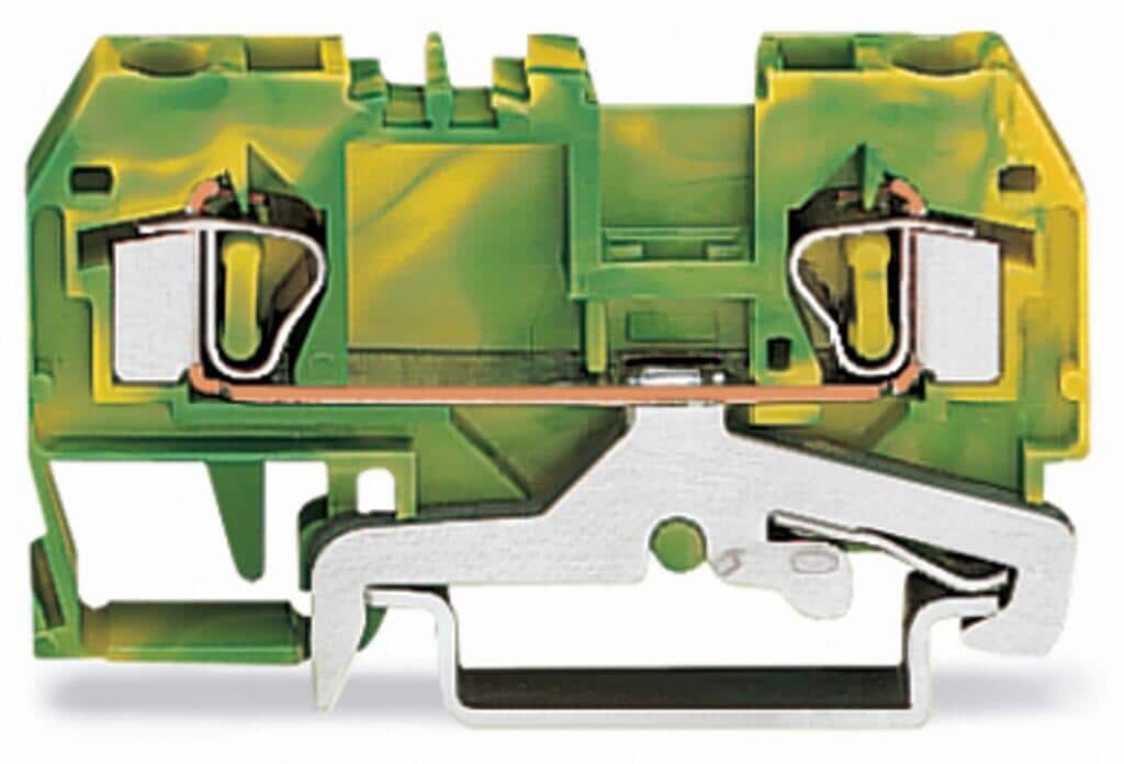 Wago 281-907 2-Leiter-Schutzleiterklemme, 4 mm², mittige Beschriftung, für Tragschiene 35x15 und 35x7,5, CAGE CLAMP, 4,00mm², grün-gelb
