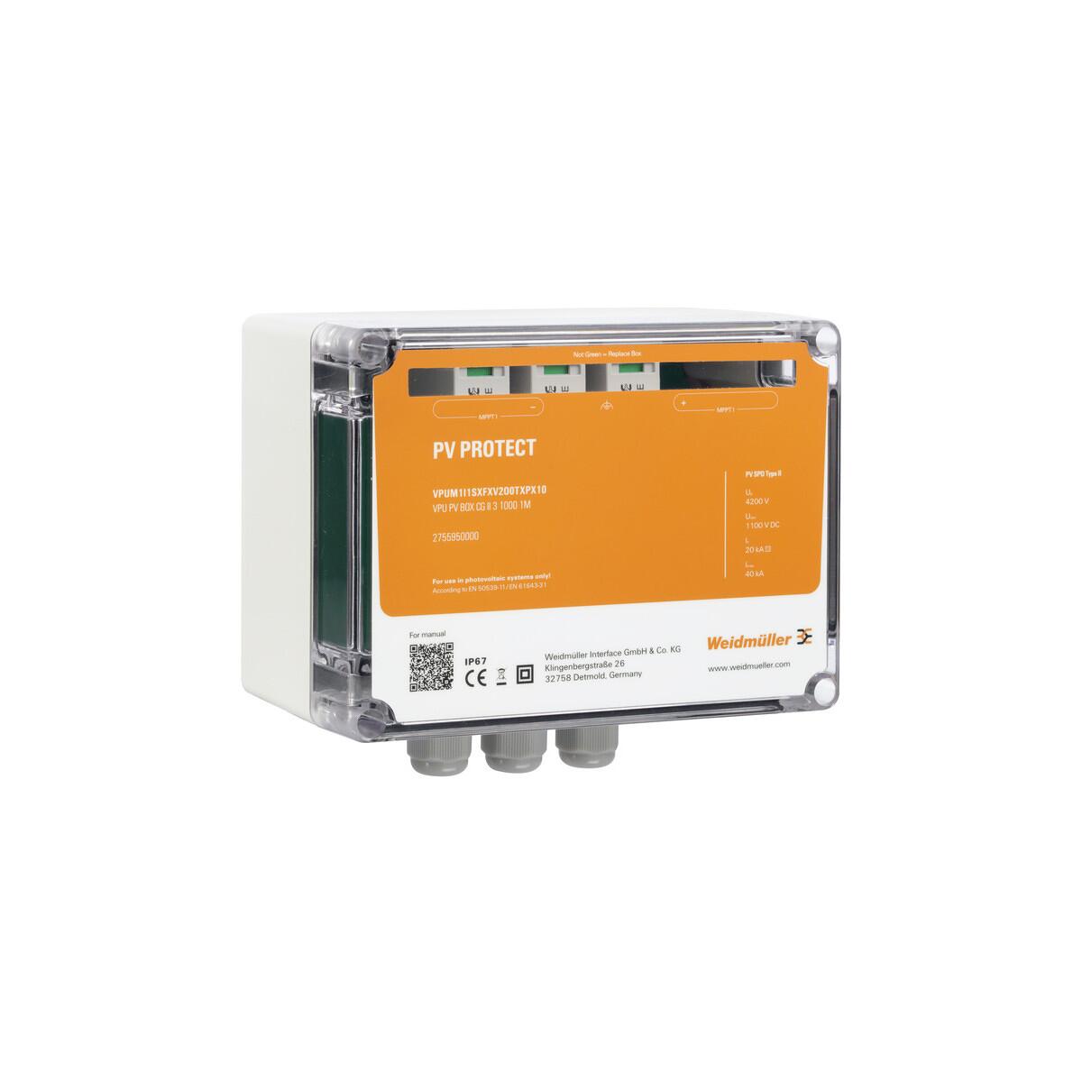 Weidmüller VPUM1I1SXFXV1O0TXPX10 Photovoltaik Überspannungsschutz, 1 MPP, Überspannungsschutz I/II, Verschraubung, PUSH-IN Anschluss, 1000 V (27559700