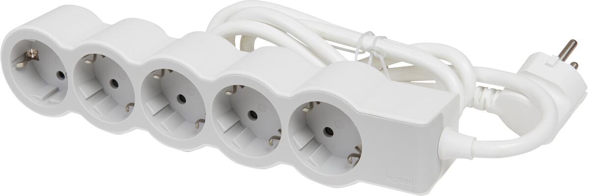 Legrand Flache Steckdosenleiste, 5-fach Steckdose, Mehrfachsteckdose, 1,5m Kabellänge, Ultraweiß/Grau (694555)