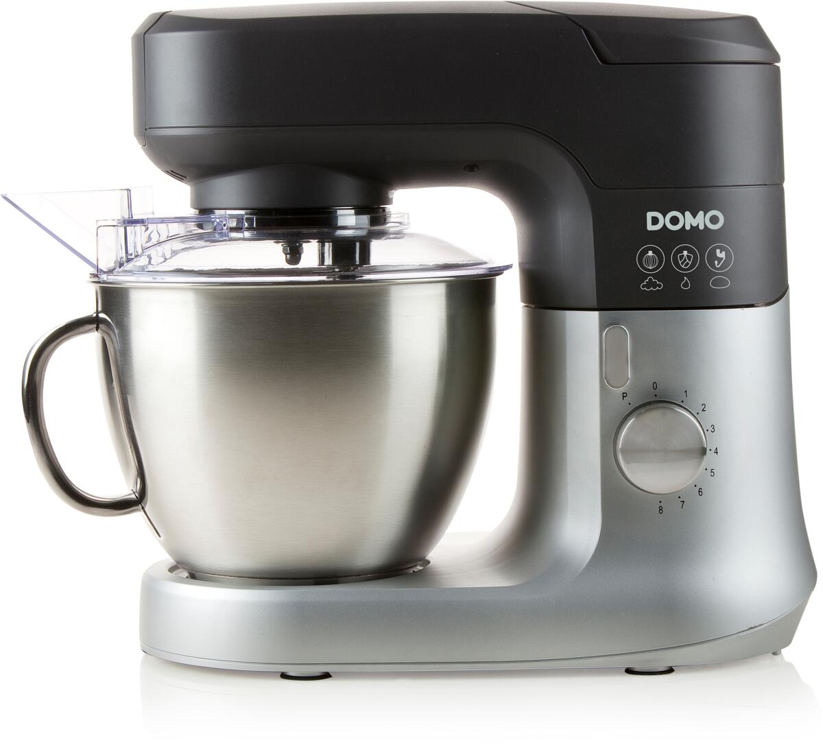 DOMO DO9182KR Küchenmaschine, 1000W, 4,5 l-Rührschüssel, Planetarische Mischwirkung, variable Drehzahlregelung, silber/schwarz