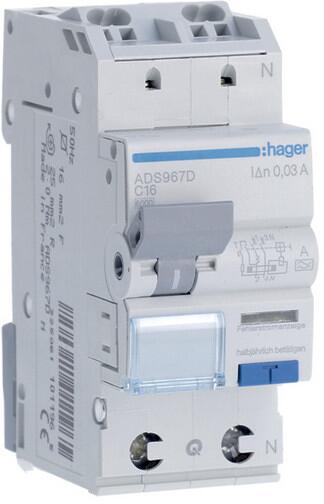 Hager ADS967D Fehlerstrom-Leitungsschutzschalter 1P+N 127V 6kA C-16A 30mA Typ A QuickConnect