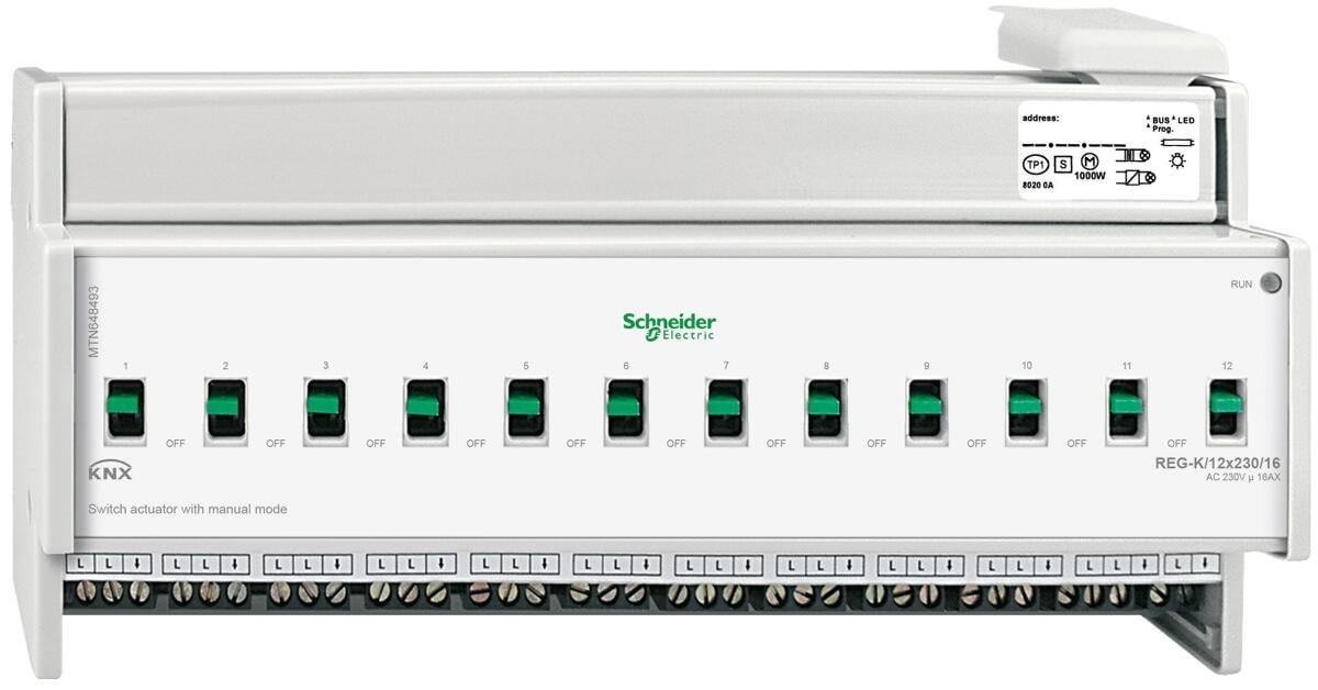 Schneider Electric MTN648493 Schaltaktor REG-K/12x230/16, mit Handbetätigung, lichtgrau
