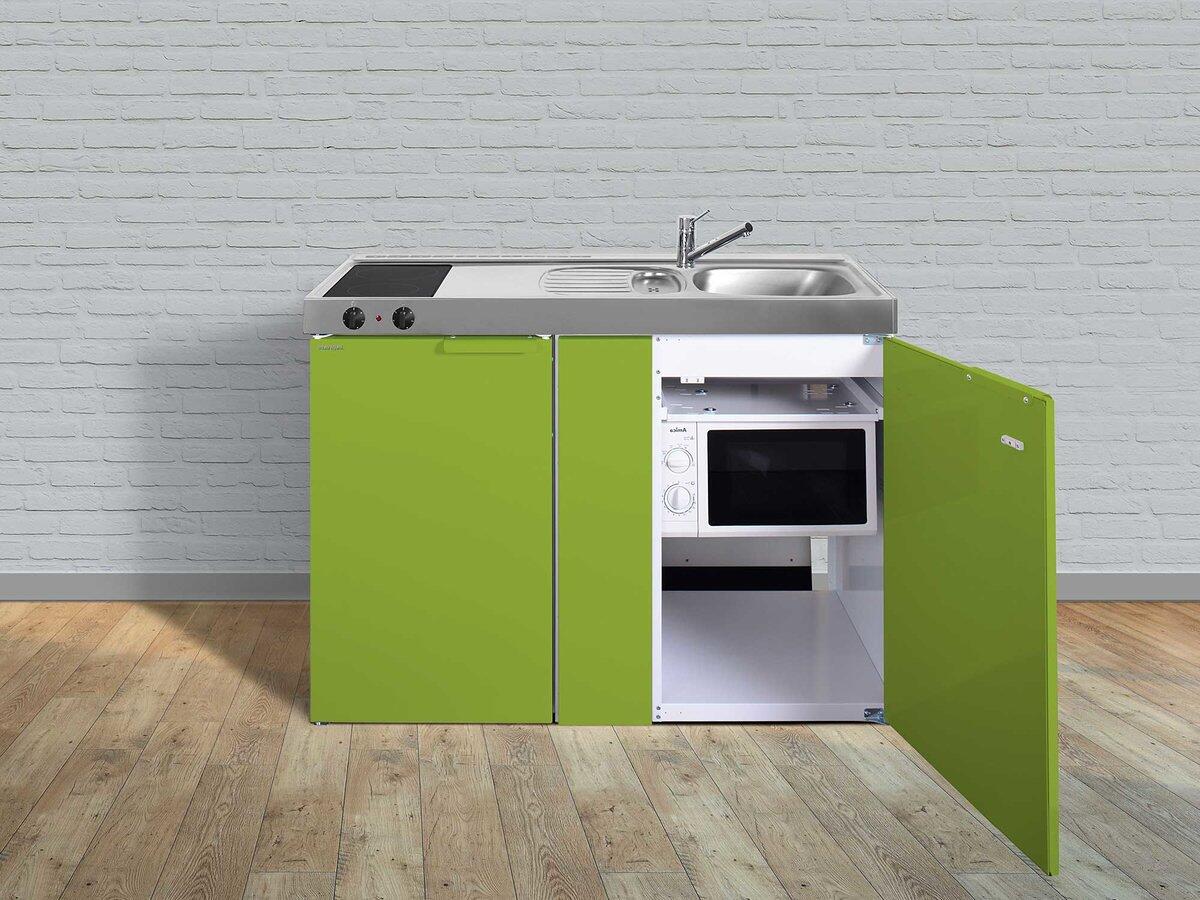 Stengel MKM 120 Miniküche, 120cm breit, mit Elektrokochfeld, Kühlschrank mit Gefrierfach, mit Mikrowelle, Spüle links, grün (11120 011021 13)