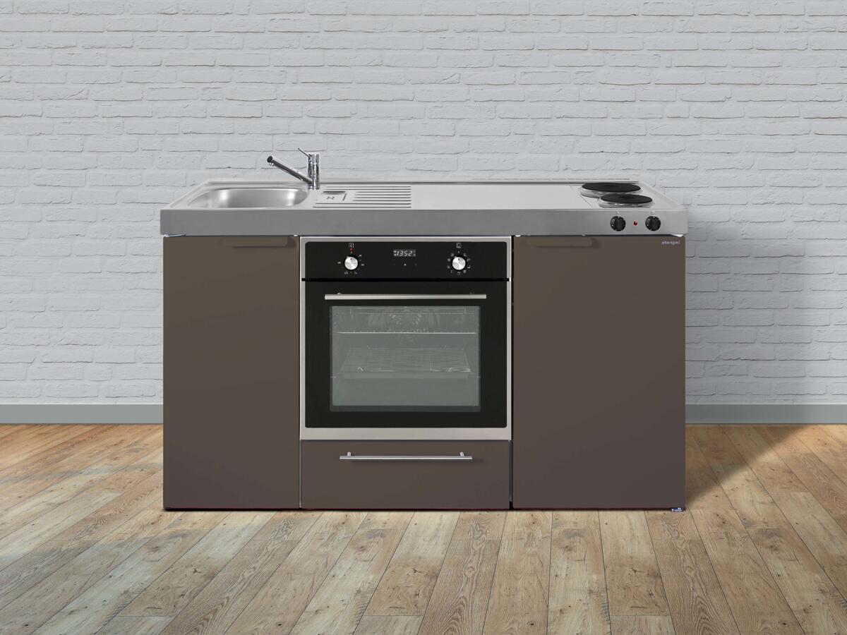 Stengel MKB 150 Miniküche, 150cm breit, Elektrokochfeld, Kühlschrank mit Gefrierfach, mit Backofen, Becken links, mokka metallic (11150 006021 14)