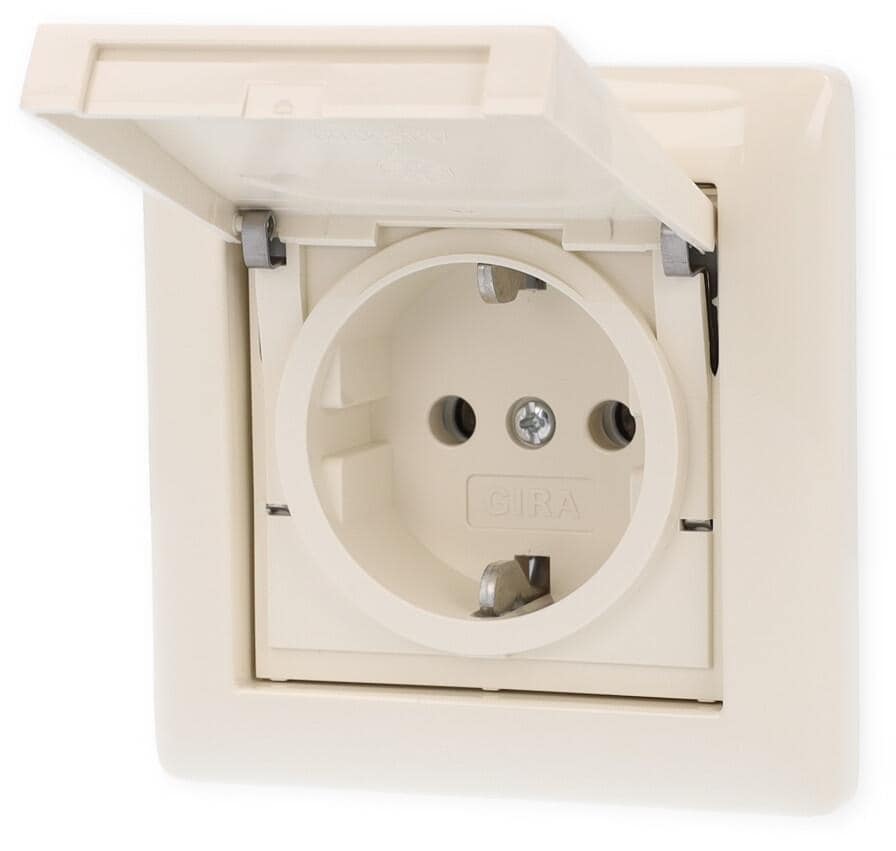 Gira 415701 SCHUKO-Steckdose 16 A 250 V~ mit Klappdeckel, komplett mit Dichtungsset IP44 und Abdeckrahmen Standard 55, Cremeweiß