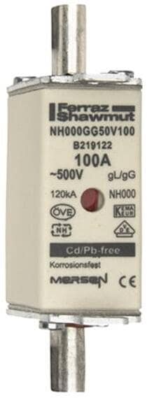 Mersen NH000GG50V100 Sicherungseinsatz gG NH000, 100A, Doppelkennmelder, spannungsführende Grifflaschen (B219122)