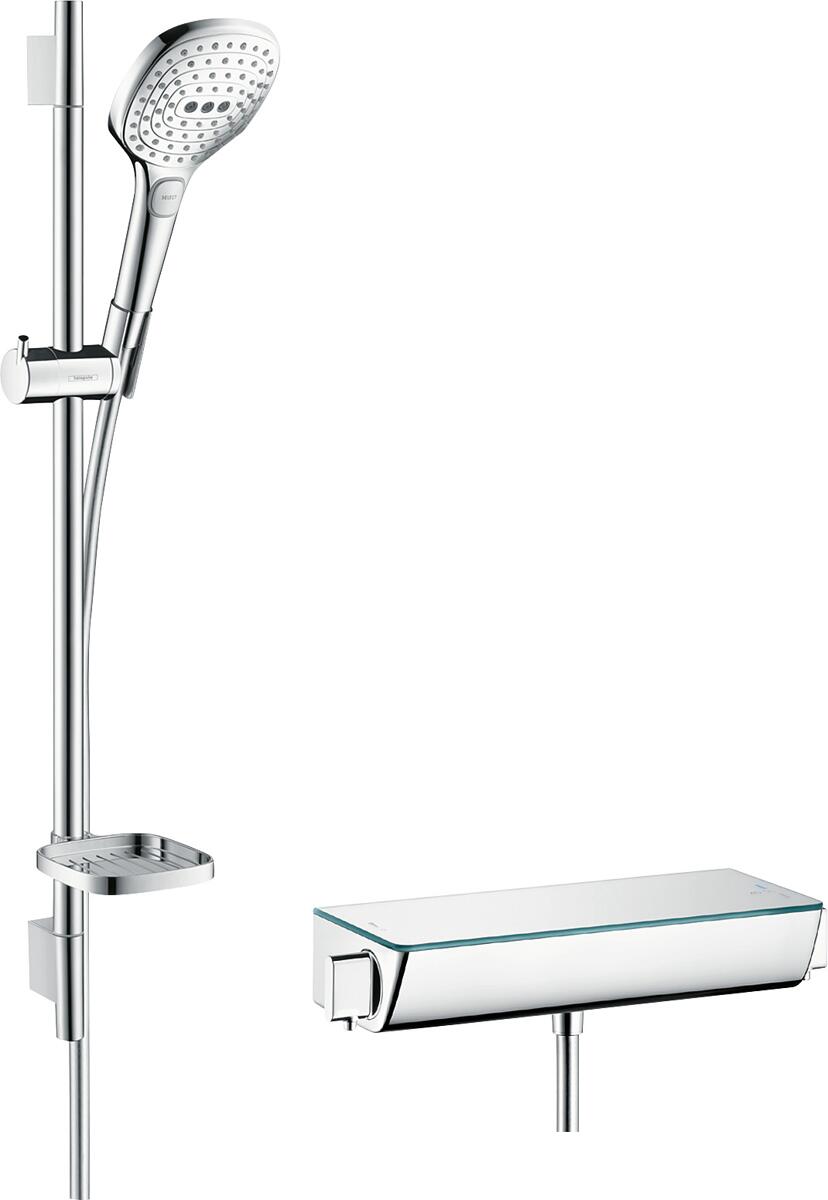 hansgrohe Raindance Select E Brausesystem Aufputz 120 3 Strahlarten mit Ecostat Select Thermostat und Duschstange 65 cm, Messing, 14,4 l/min, 120 mm,