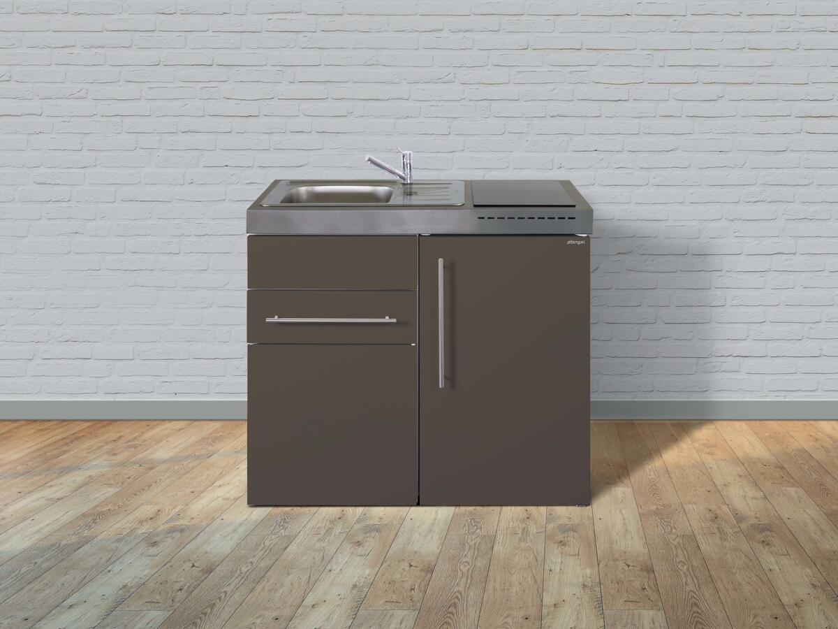 Stengel MP 100 S Miniküche, 100cm breit, Kühlschrank mit Gefrierfach, Becken rechts, mit Glaskeramikkochfeld, mokka metallic (10100 100631 14)