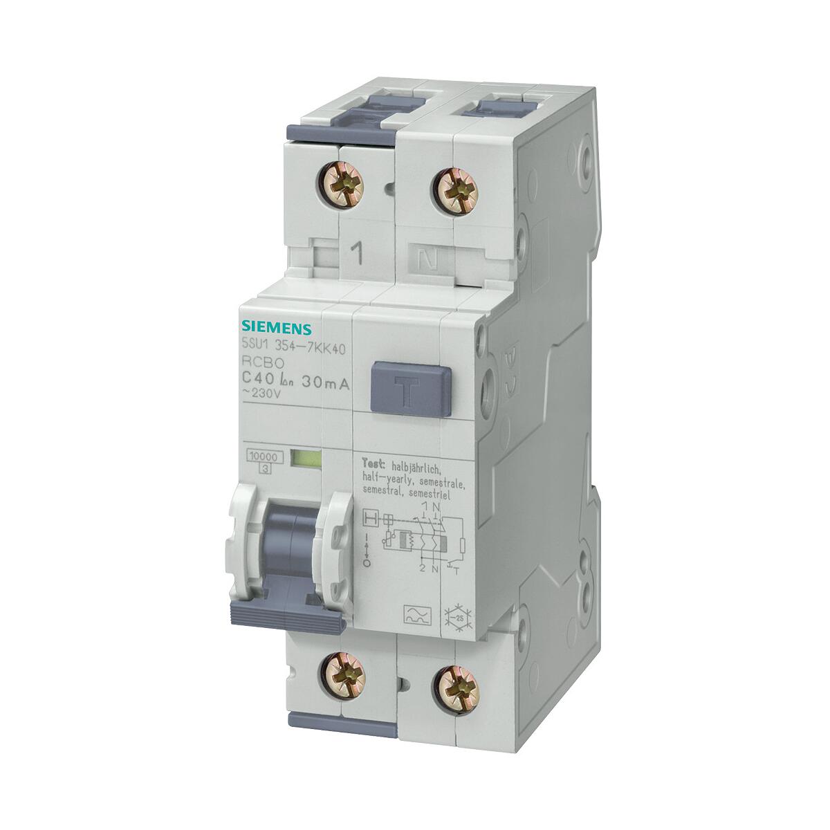 Siemens 5SU1354-6KK40 FI/LS-Schalter, 10 kA, 1P+N, Typ A, 30 mA, B-Char, In: 40 A, Un AC: 230 V