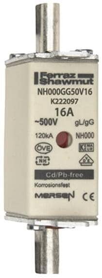 Mersen NH000GG50V16 Sicherungseinsatz gG NH000, 16A, Doppelkennmelder, spannungsführende Grifflaschen (K222097)