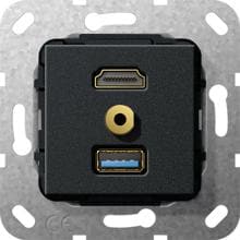 Einsatz HDMI High Speed with Ethernet, USB 3.0 Typ A und Miniklinke 3,5 mm schwarz Gira 568010
