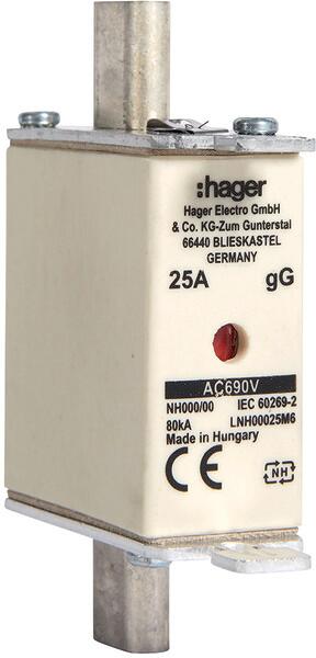 Hager LNH00025M6 NH-Sicherungseinsatz, NH000, gG, 690V, 25A, Kombimelder, Grifflasche spannungsführend