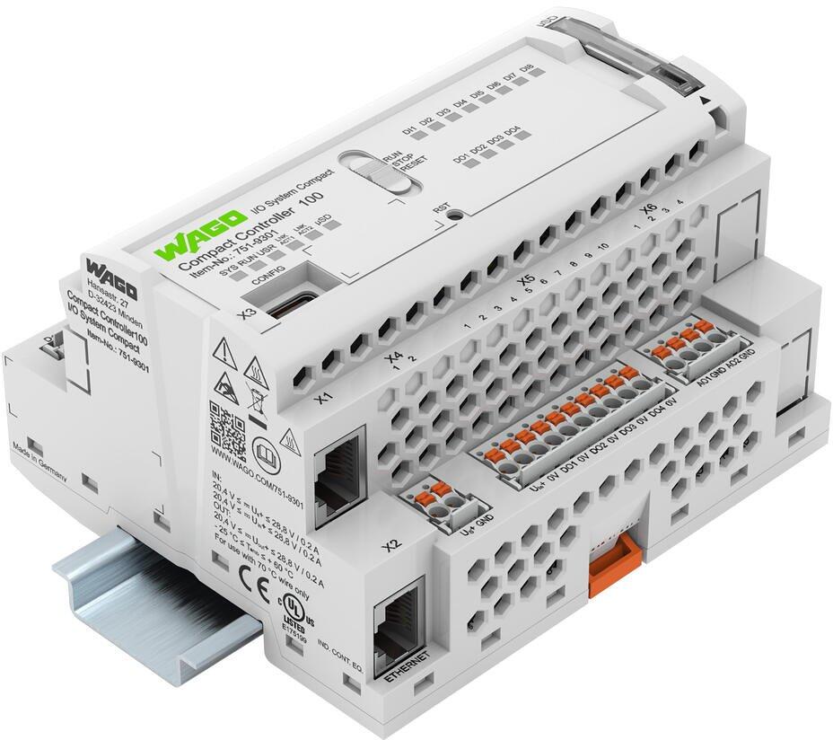 Wago 751-9301 Compact Controller 100, 8DI 4DO 2AI 2AO 2NI1K/PT1K 1RS485, 2 x ETHERNET, SD