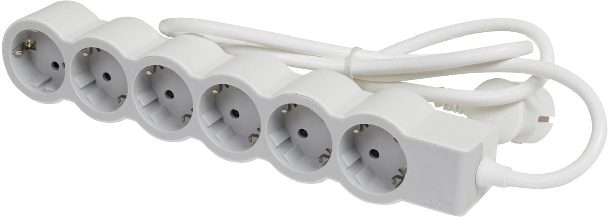 Legrand Flache Steckdosenleiste, 6-fach Steckdose, Mehrfachsteckdose, 3m Kabellänge, Ultraweiß/Grau (694565)
