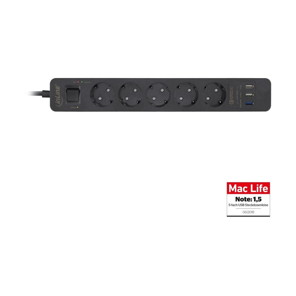 InLine® Steckdosenleiste, 3-fach Schutzkontakt, Überspannungsschutz und  QuickCharge USB, mit Schalter, 1,5m, weiß