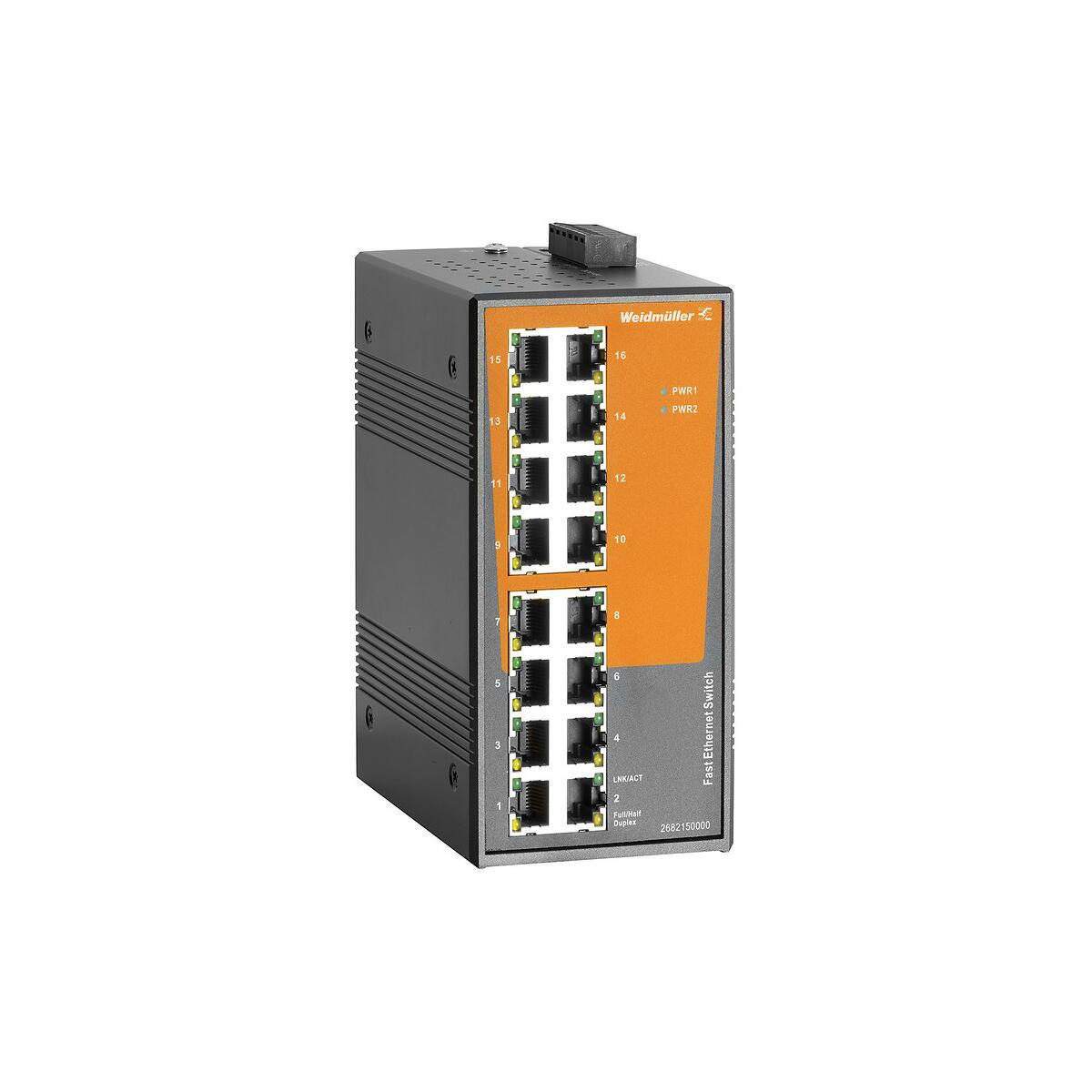 Weidmüller IE-SW-EL16-16TX Netzwerk-Switch, unmanaged, Fast Ethernet, 16x RJ45, IP30, -40 °C - 75 °C (2682150000)