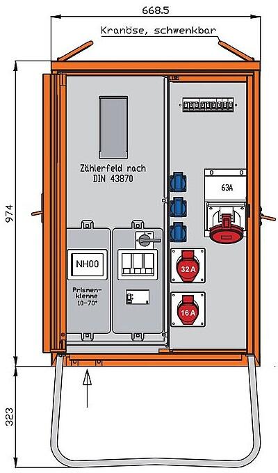 Walther Werke WAV0160BR1 Anschlussverteilerschrank, 44kVA, mit Zählerplatz, RCD Typ B, 5 LS, 3 CEE-Abgänge 16-63A und 3 Schukos