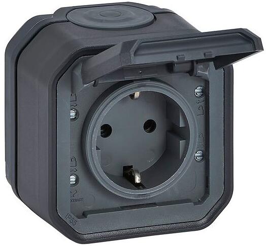 Legrand Plexo New Feuchtraum-Aufputz Schutzkontakt-Steckdose, Steckklemmen (SL), IP 44, anthrazit (069799L)