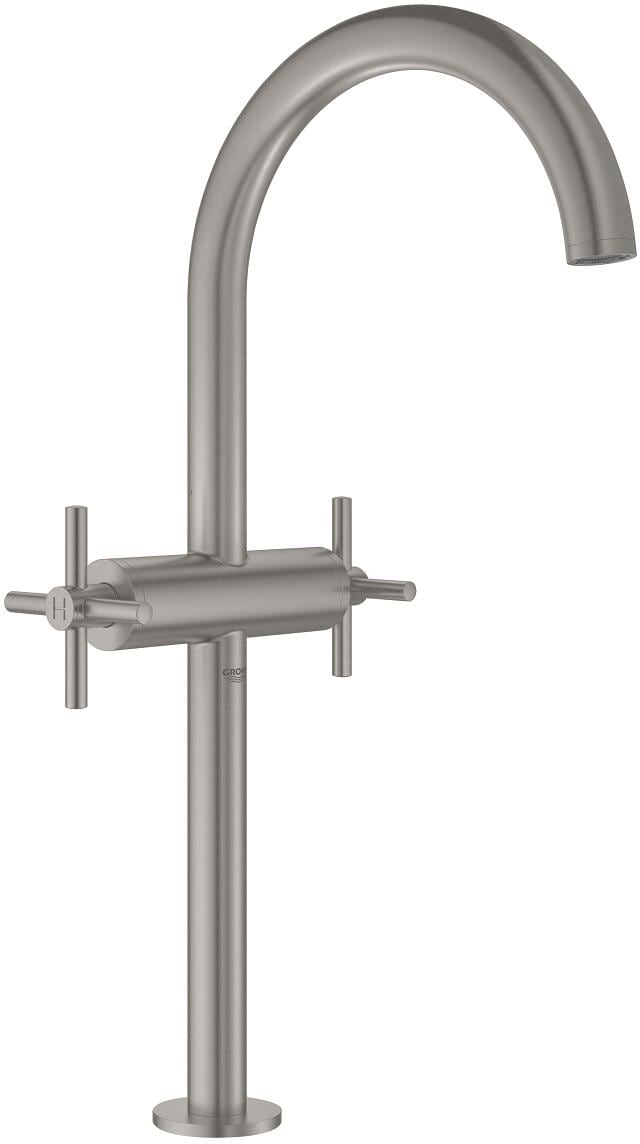 GROHE Atrio Waschtisch-Einlochbatterie, XL-Size, für freistehende Waschschüsseln, Push-open Ablaufgarnitur 1 1/4"", mit Kreuzgriffen, supersteel (2104