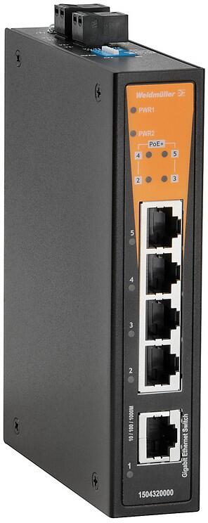 Weidmüller IE-SW-BL05T-1GT-4GTPOE Netzwerk Switch, unmanaged PoE, Gigabit Ethernet, Anzahl Ports: 4x RJ45 10/100/1000BaseT(X) PoE+, 1x RJ45 10/100/100