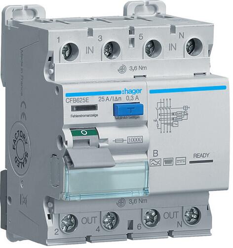 Hager CFB625E Fehlerstromschutzschalter, FI-Schalter 4 polig 10kA 25A 300mA Typ B
