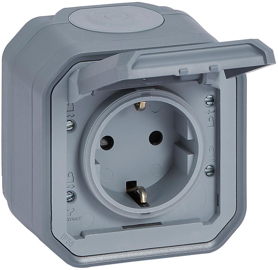 Legrand Plexo New Feuchtraum-Aufputz Schutzkontakt-Steckdose, Schraubklemmen (SK), IP 44, grau (069733L)