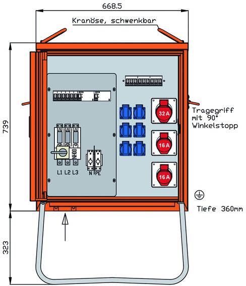 Walther Werke WV0310R1 Verteilerschrank, 44kVA, mit RCD Typ B und RCD Typ A, 9 LS, 3 CEE-Abgänge 16-32A und 6 Schukos