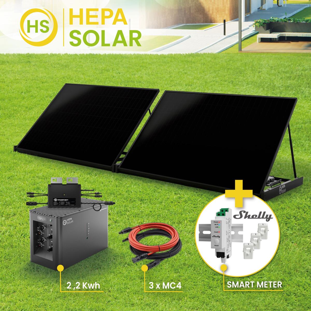 HEPA Solar POWER-KIT 880 SMART HPBC-PV-Module inkl. Mikrowechselrichter 800W, Powercube, SHELLY Smart Meter und Zubehör (300115080001)